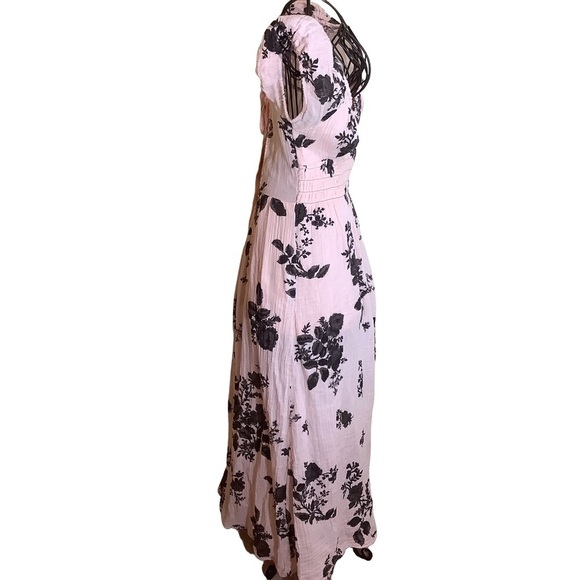 Free People Smocked Floral Maxi Dress Pink Black Slit Boho Cottagecore Small - Picture 6 of 9